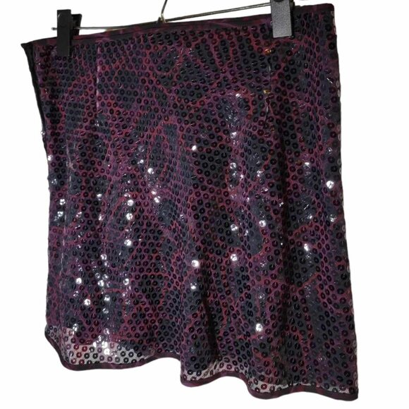 EXPRESS Sz 3/4 Purple Red Black Swirl Marble Animal Print Sequin Snap Side Close - Picture 2 of 3